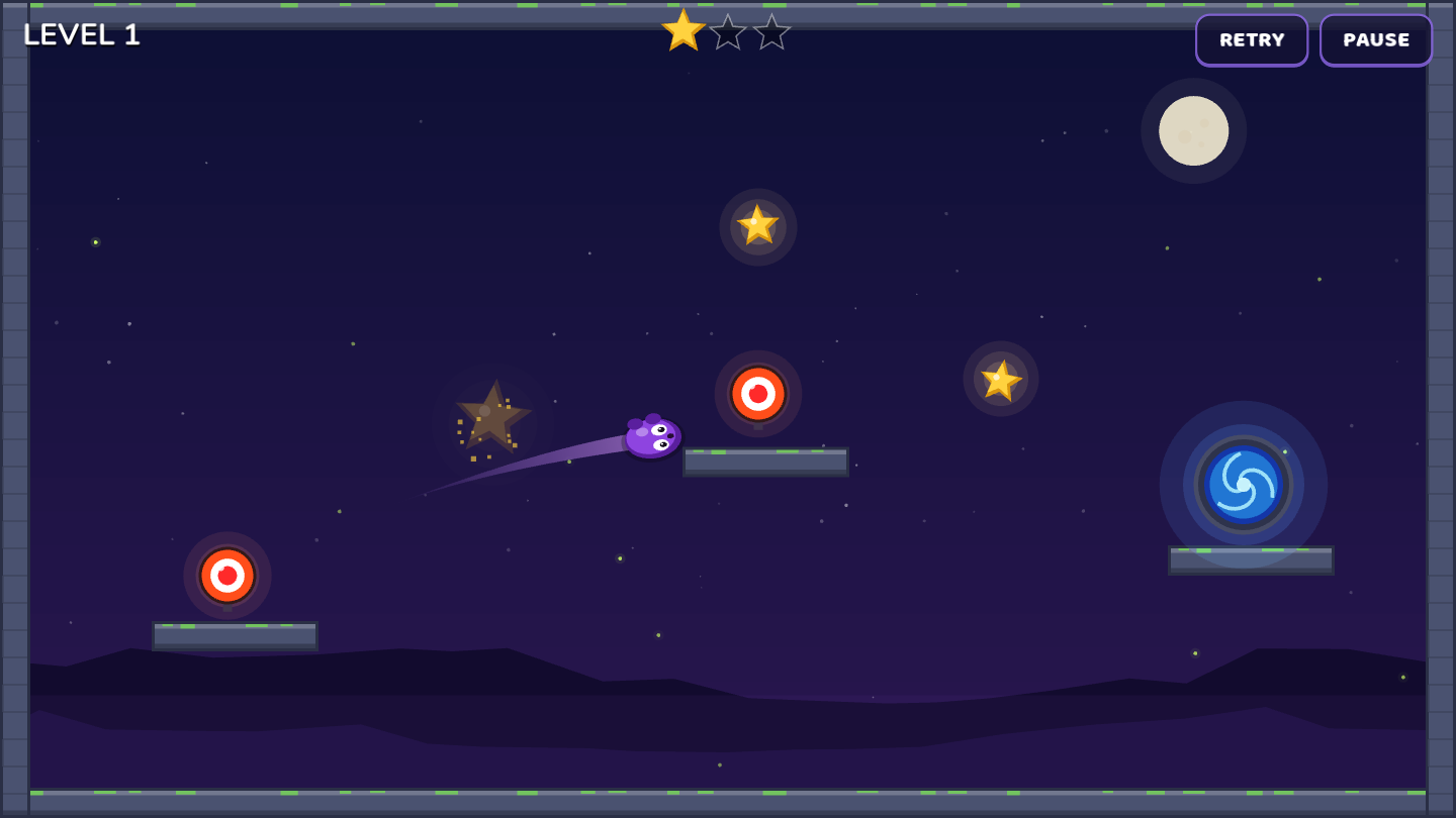 Gluxolot gameplay: the blob flies along a dotted trajectory towards a target
